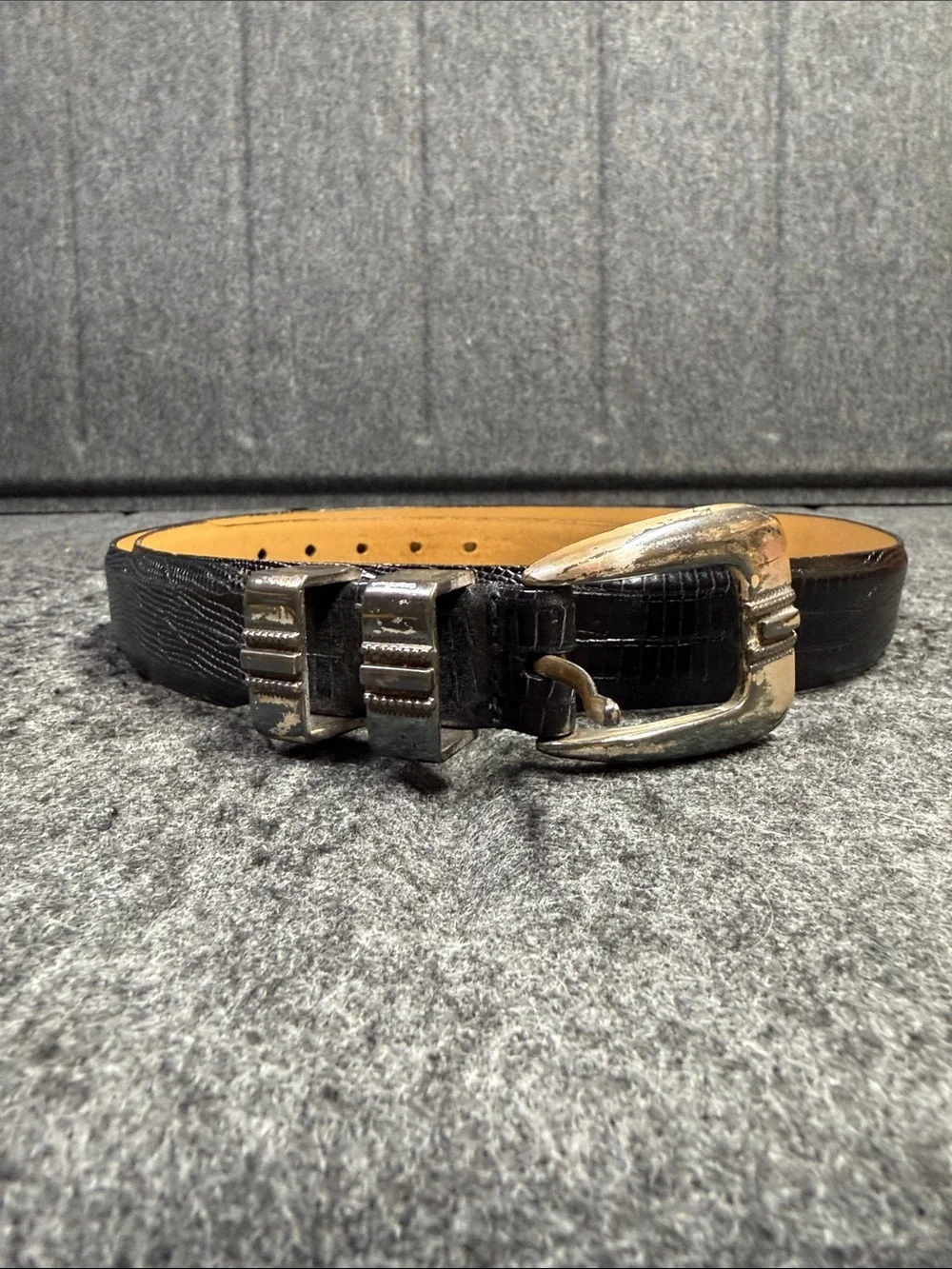 Johnson and Murphy Men's Black Croc-Embossed Leather Belt with Silver Buckle
